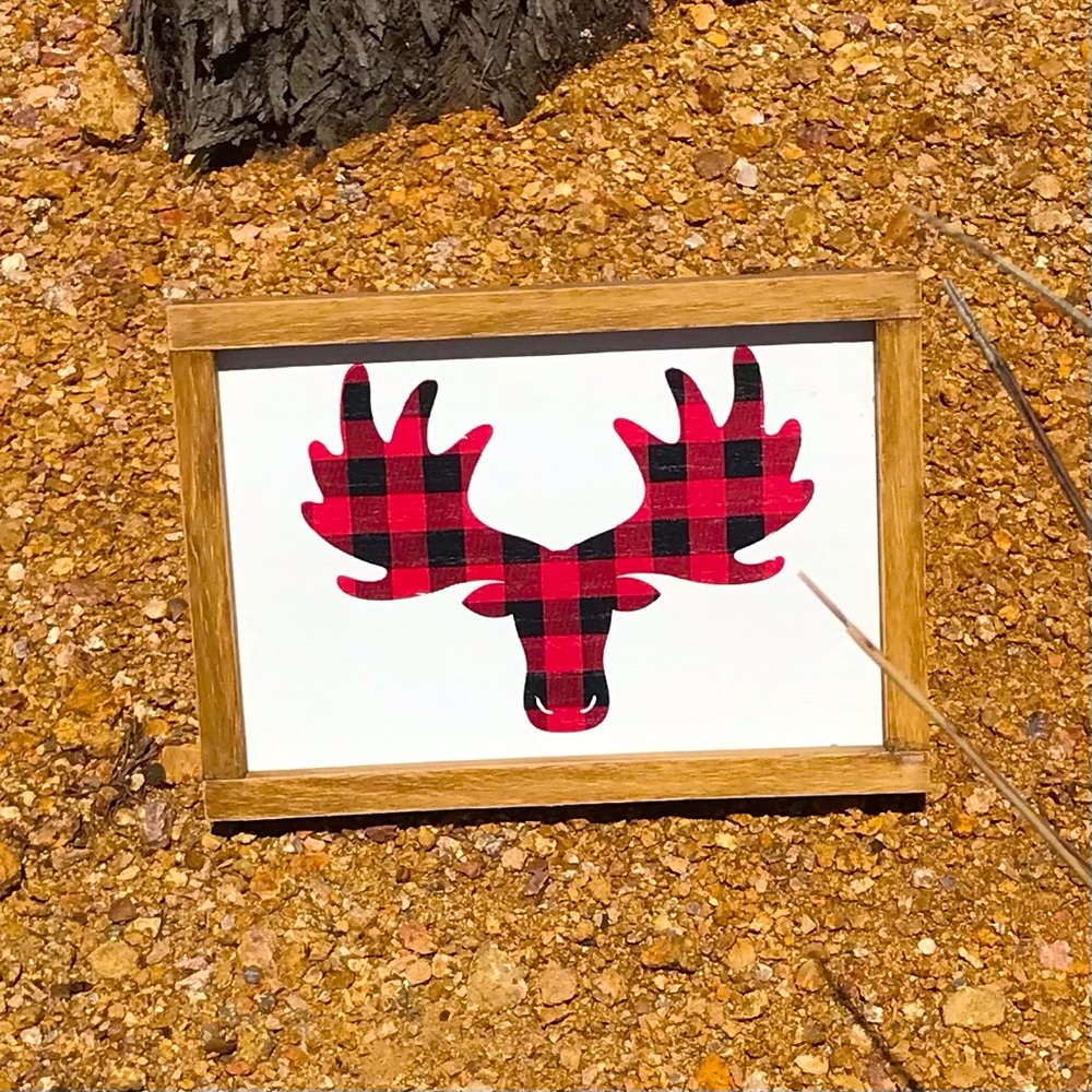 Hobby lobby, plaid, moose cut-out wall decor.